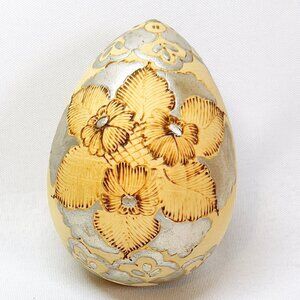 Wooden Hand Carved Floral Metallic Silver Detailing Vintage Large Egg with Stand